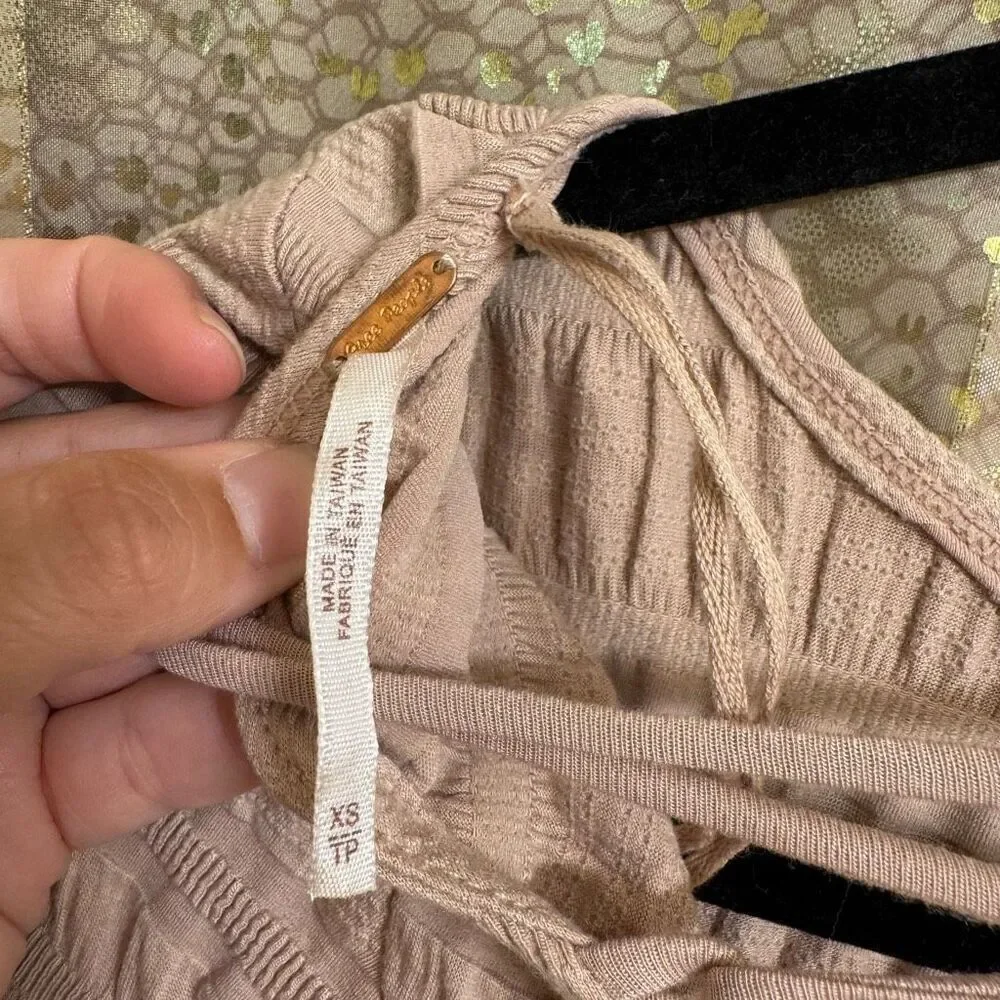 Free People Nude Tan Ruched Lace Up Back Long Sleeve Top XS